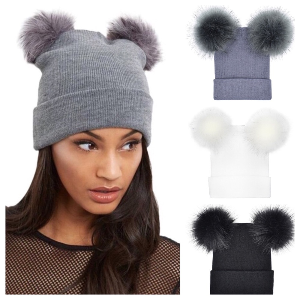 Warm Knitted Beanie with Double Faux Fur Pom Pom - Picture 1 of 8